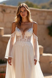 Ivory Cold Shoulder A Line Sweep Train Wedding Dress with Lace