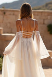 Ivory Cold Shoulder A Line Sweep Train Wedding Dress with Lace