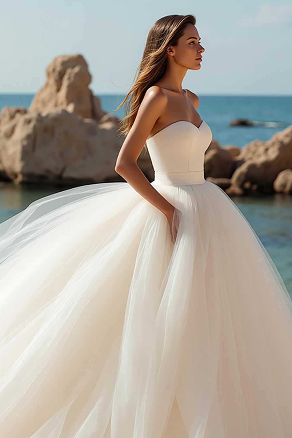 Ivory Ball Gown Sweetheart Tulle Sweep Train Wedding Dress