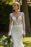 Ivory Lace Mermaid V-Neck Sweep Train Wedding Dress with Sleeves