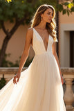 Ivory A Line Deep V-Neck Sweep Train Wedding Dress