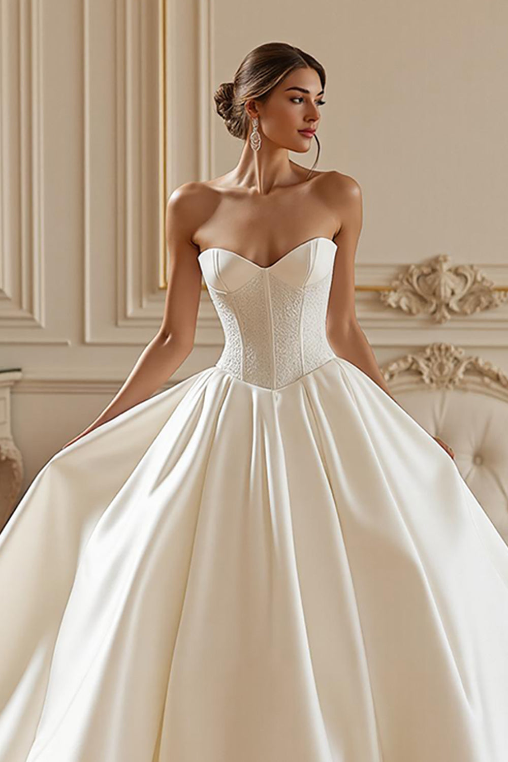 Ivory Satin Sweetheart Corset Ball Gown Long Wedding Dress