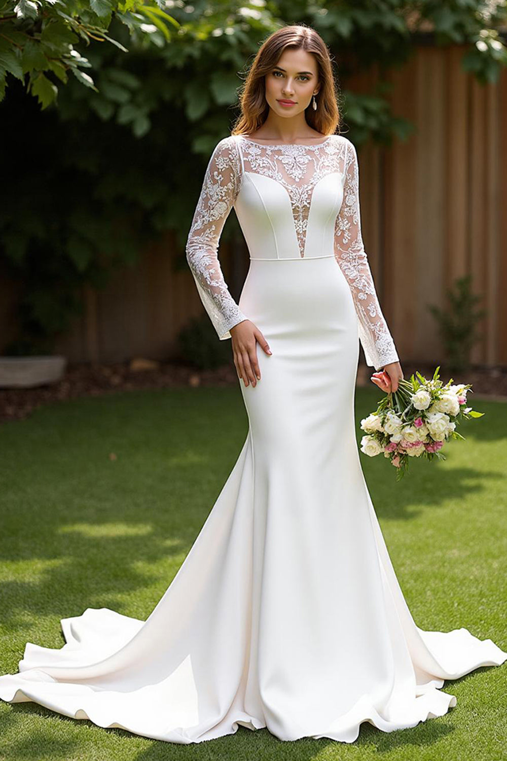 Ivory Corset Mermaid Long Sleeves Sweep Train Wedding Dress with Lace