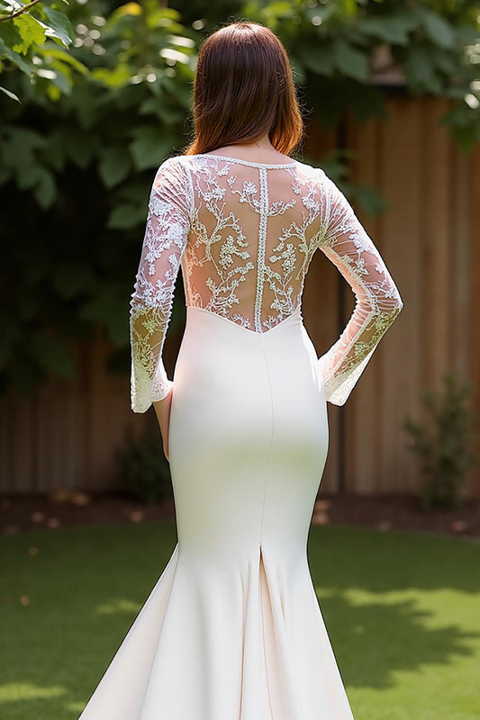 Ivory Corset Mermaid Long Sleeves Sweep Train Wedding Dress with Lace