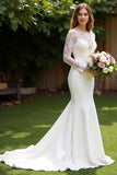 Ivory Corset Mermaid Long Sleeves Sweep Train Wedding Dress with Lace