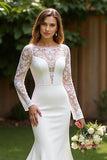 Ivory Corset Mermaid Long Sleeves Sweep Train Wedding Dress with Lace
