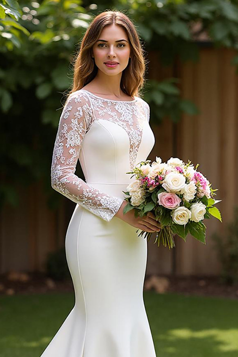 Ivory Corset Mermaid Long Sleeves Sweep Train Wedding Dress with Lace