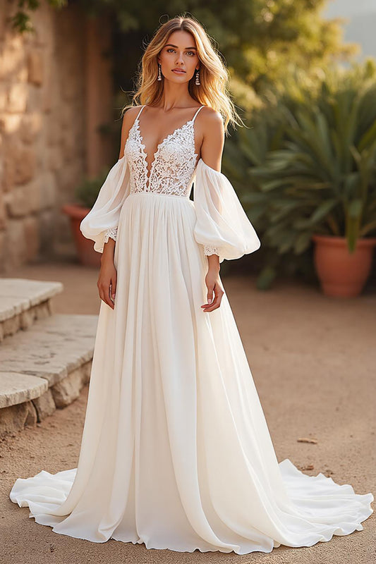 Ivory Detachable Sleeves Boho Sweep Train Wedding Dress with Lace