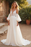 Ivory Detachable Sleeves Boho Sweep Train Wedding Dress with Lace