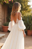 Ivory Detachable Sleeves Boho Sweep Train Wedding Dress with Lace