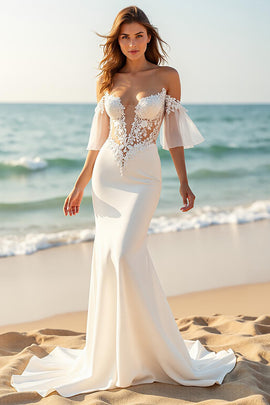 Ivory Mermaid Satin Flare Sleeves Sweep Train Wedding Dress with Lace