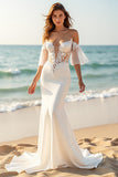 Ivory Mermaid Satin Flare Sleeves Sweep Train Wedding Dress with Lace