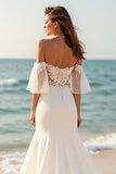 Ivory Mermaid Satin Flare Sleeves Sweep Train Wedding Dress with Lace