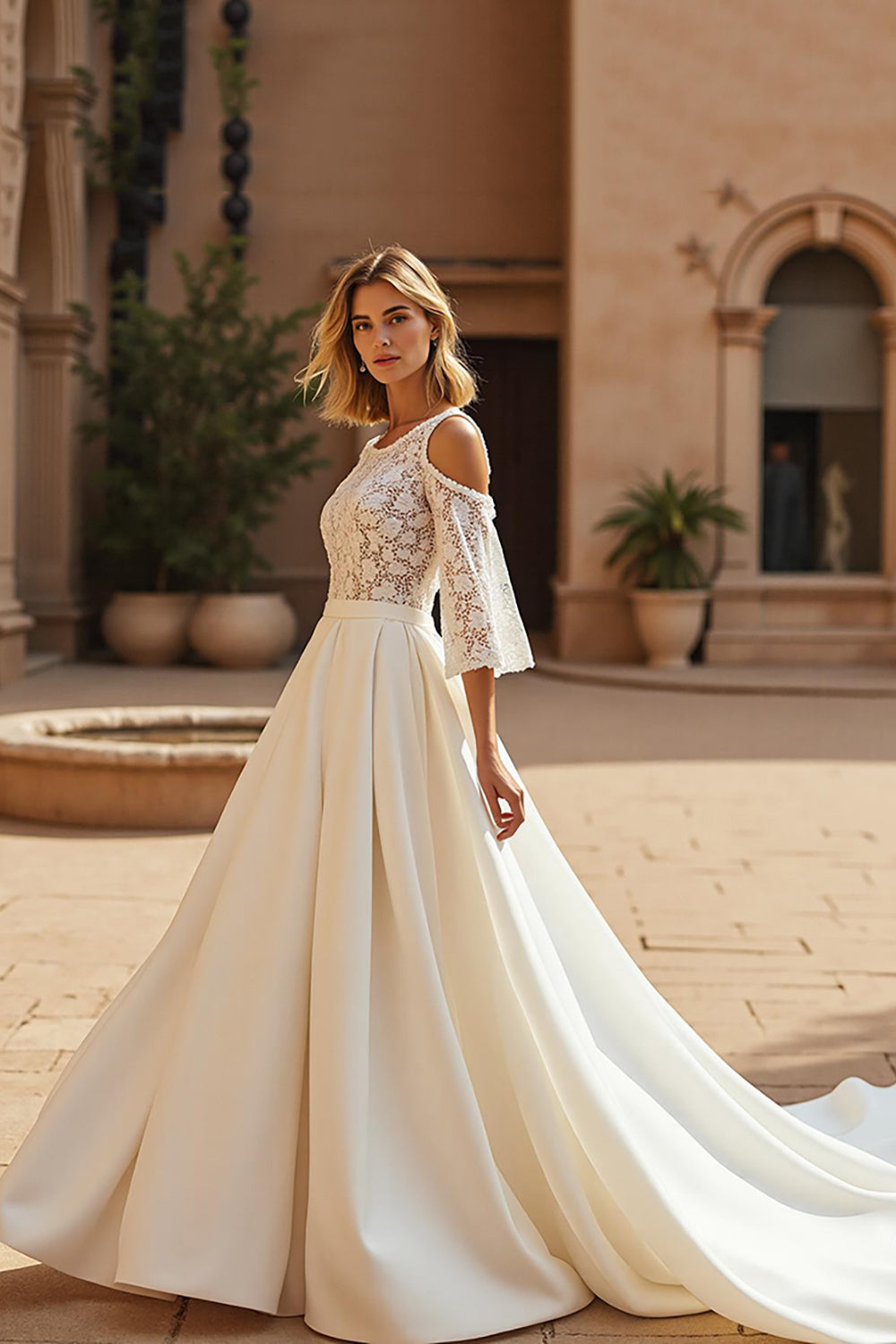Ivory Satin 3/4 Sleeves Sweep Train Wedding Dress with Lace