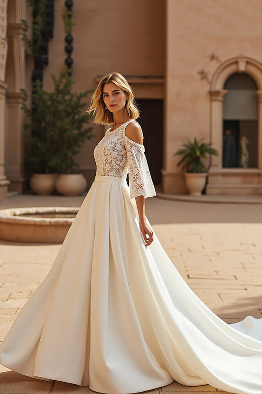 Ivory Satin 3/4 Sleeves Sweep Train Wedding Dress with Lace