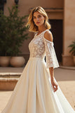 Ivory Satin 3/4 Sleeves Sweep Train Wedding Dress with Lace