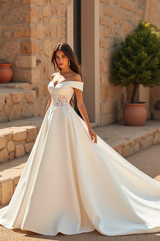 Ivory Satin Off the Shoulder A Line Sweep Train Wedding Dress with Lace