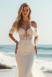 Ivory Mermaid Satin Sweep Train Wedding Dress with Lace