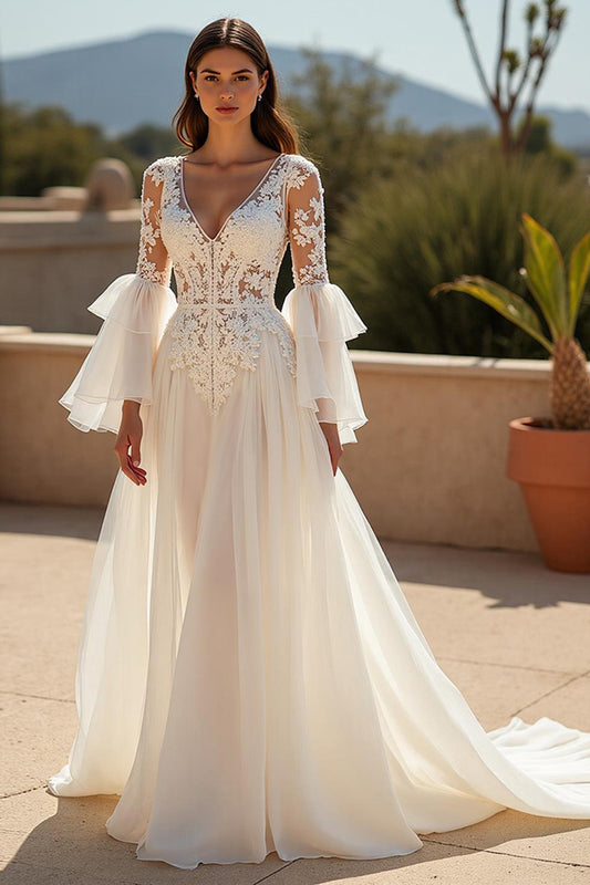 Ivory Chiffon Ruffled Boho Sweep Train Wedding Dress with Sleeves
