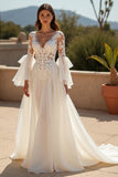 Ivory Chiffon Ruffled Boho Sweep Train Wedding Dress with Sleeves