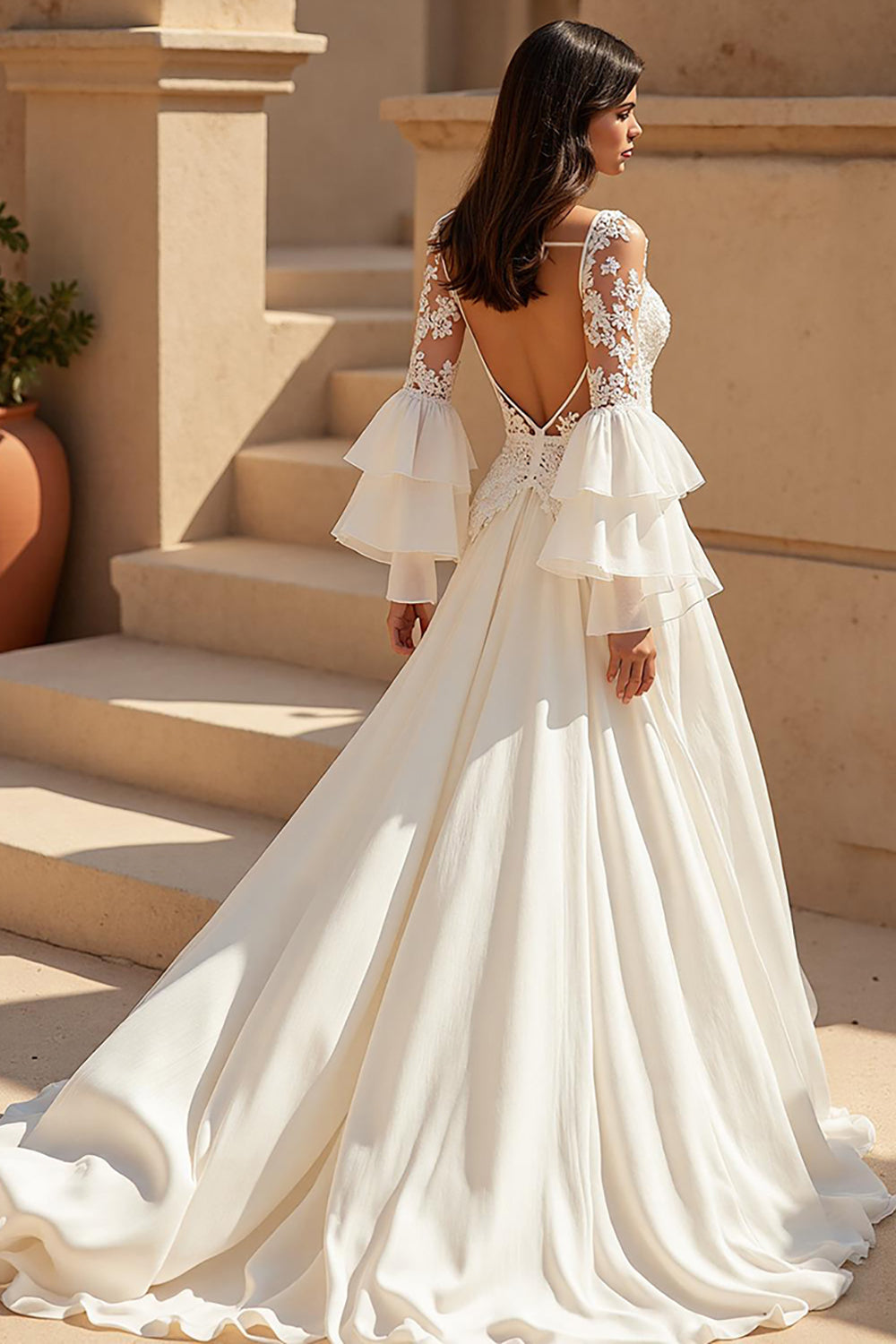 Ivory Chiffon Ruffled Boho Sweep Train Wedding Dress with Sleeves