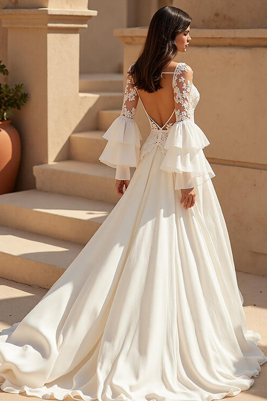 Ivory Chiffon Ruffled Boho Sweep Train Wedding Dress with Sleeves