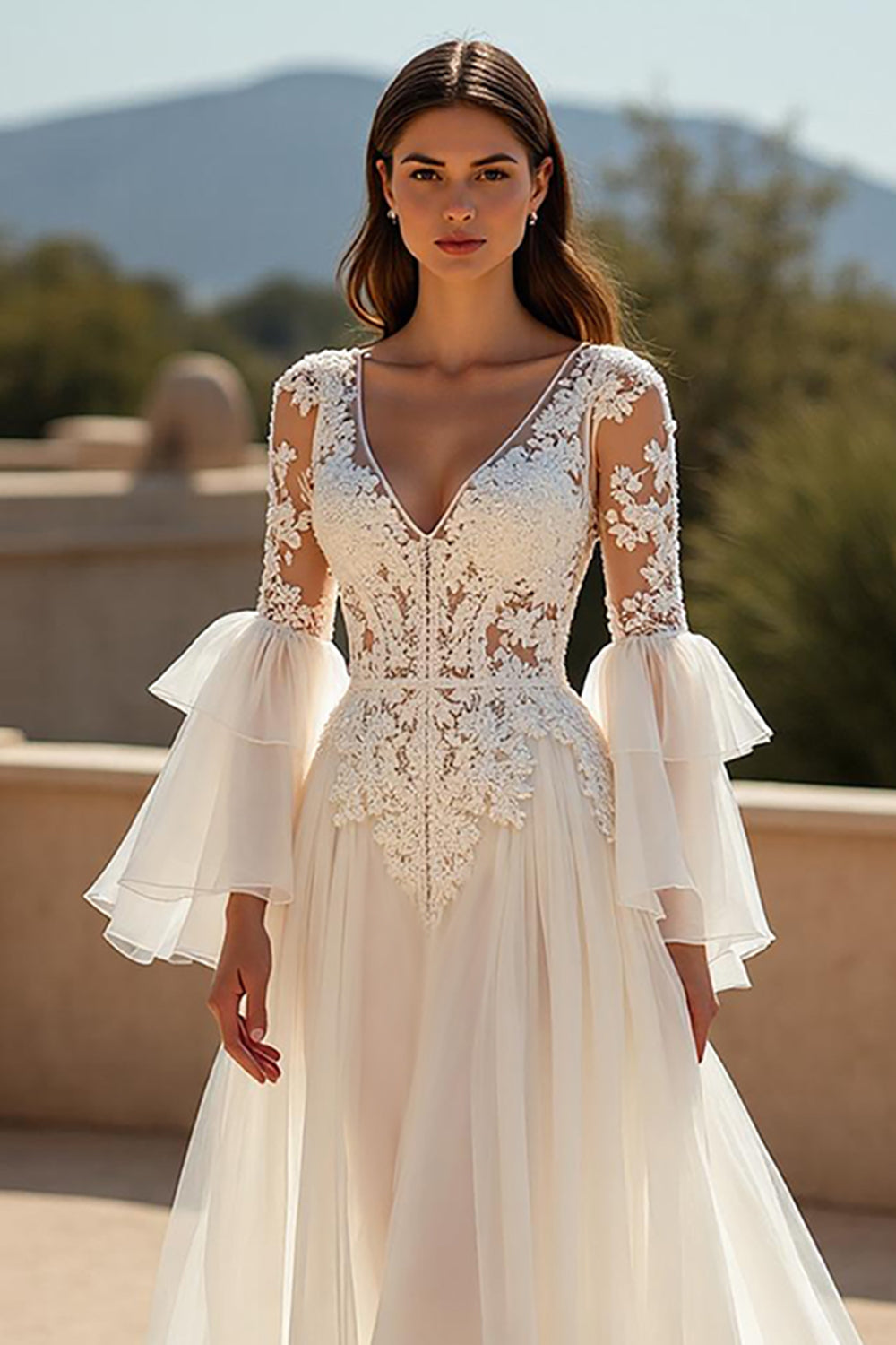 Ivory Chiffon Ruffled Boho Sweep Train Wedding Dress with Sleeves