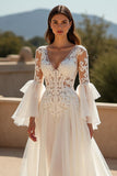 Ivory Chiffon Ruffled Boho Sweep Train Wedding Dress with Sleeves