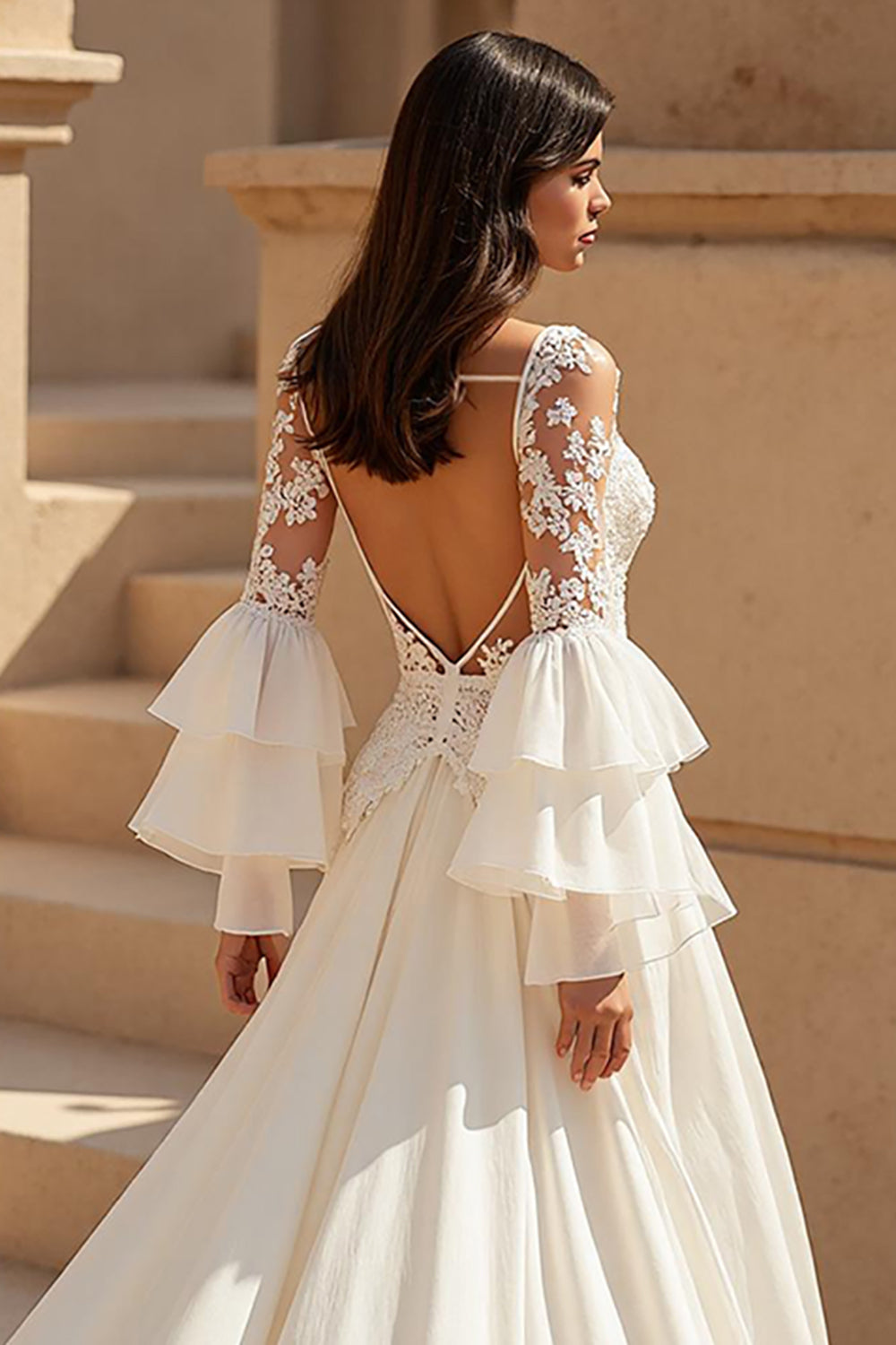 Ivory Chiffon Ruffled Boho Sweep Train Wedding Dress with Sleeves