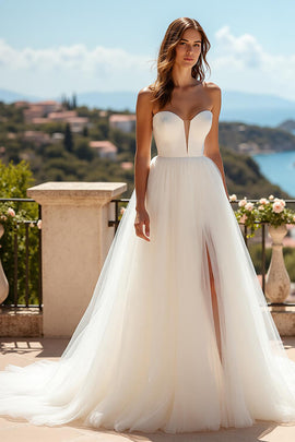 Ivory Sweetheart Tulle Sweep Train Wedding Dress with Slit