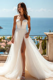 Ivory Sweetheart Tulle Sweep Train Wedding Dress with Slit