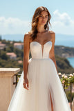 Ivory Sweetheart Tulle Sweep Train Wedding Dress with Slit