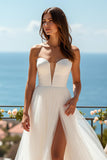 Ivory Sweetheart Tulle Sweep Train Wedding Dress with Slit