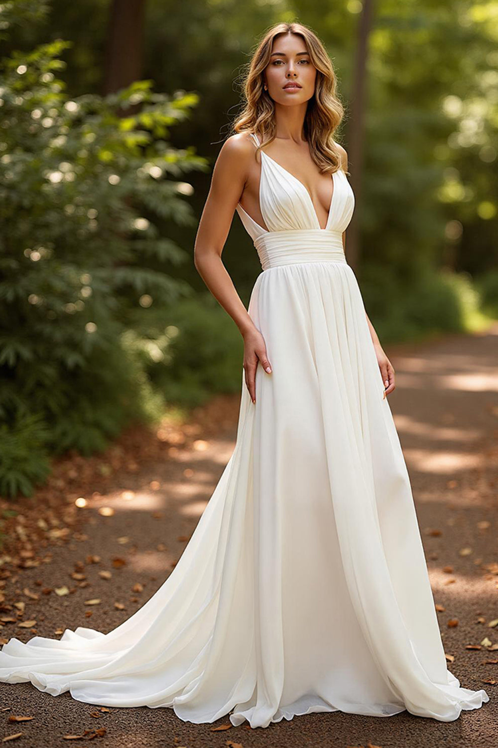 Simple Ivory Deep V-Neck Chiffon Boho Sweep Train Wedding Dress