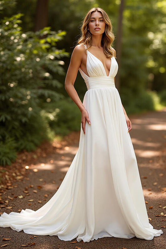 Simple Ivory Deep V-Neck Chiffon Boho Sweep Train Wedding Dress