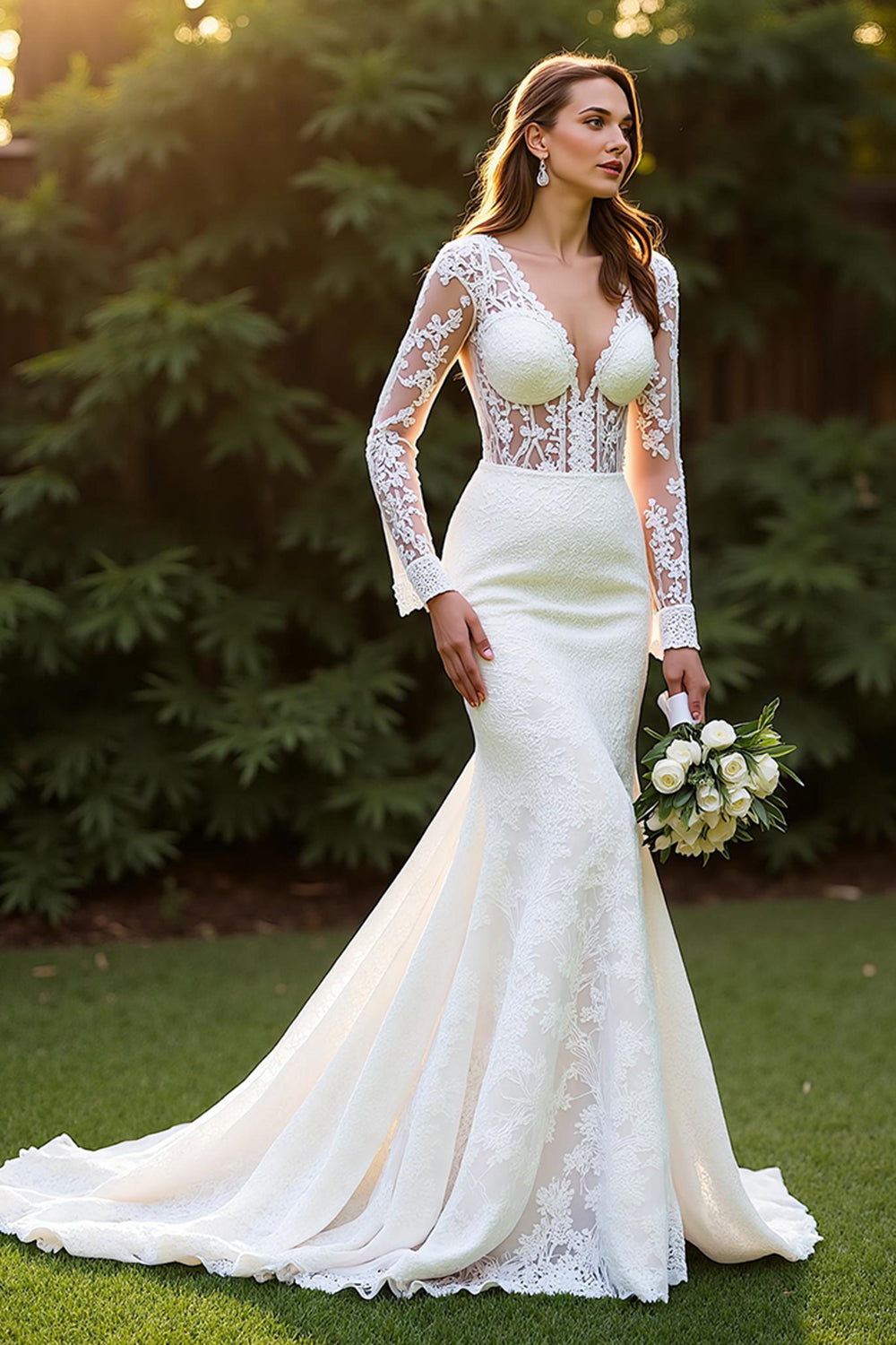 Ivory Lace Mermaid Long Sleeves Sweep Train Wedding Dress