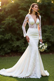 Ivory Lace Mermaid Long Sleeves Sweep Train Wedding Dress