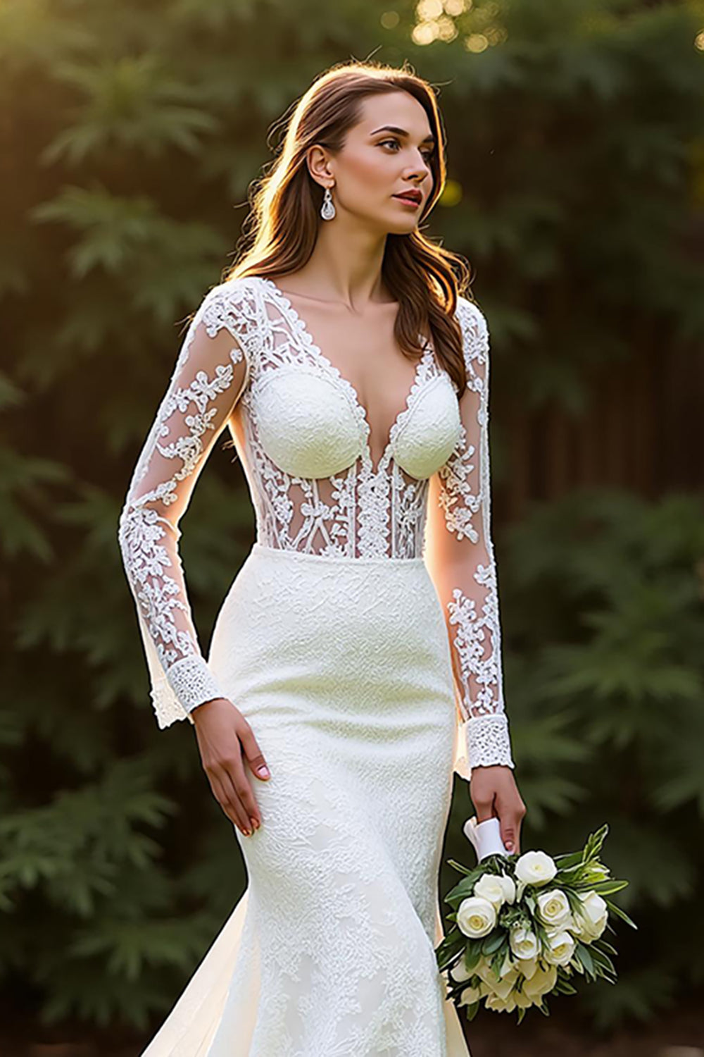 Ivory Lace Mermaid Long Sleeves Sweep Train Wedding Dress