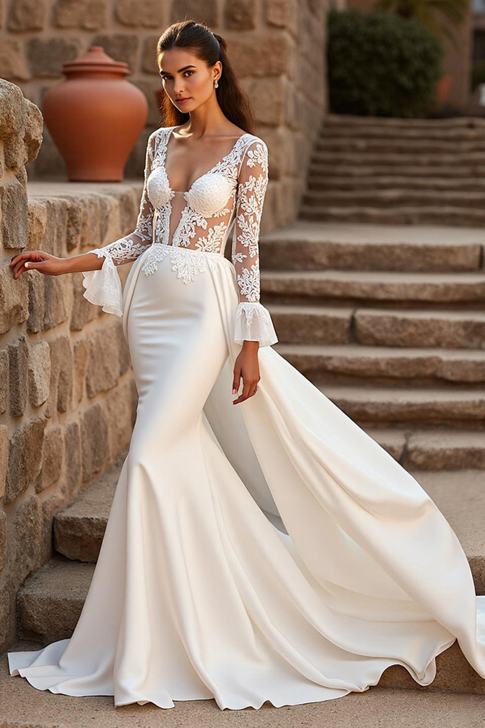 Ivory Long Sleeves Mermaid Sweep Train Wedding Dress with Ruffles