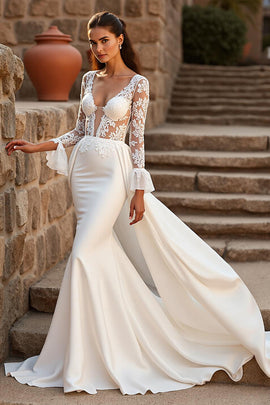 Ivory Long Sleeves Mermaid Sweep Train Wedding Dress with Ruffles