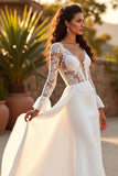 Ivory Long Sleeves Mermaid Sweep Train Wedding Dress with Ruffles