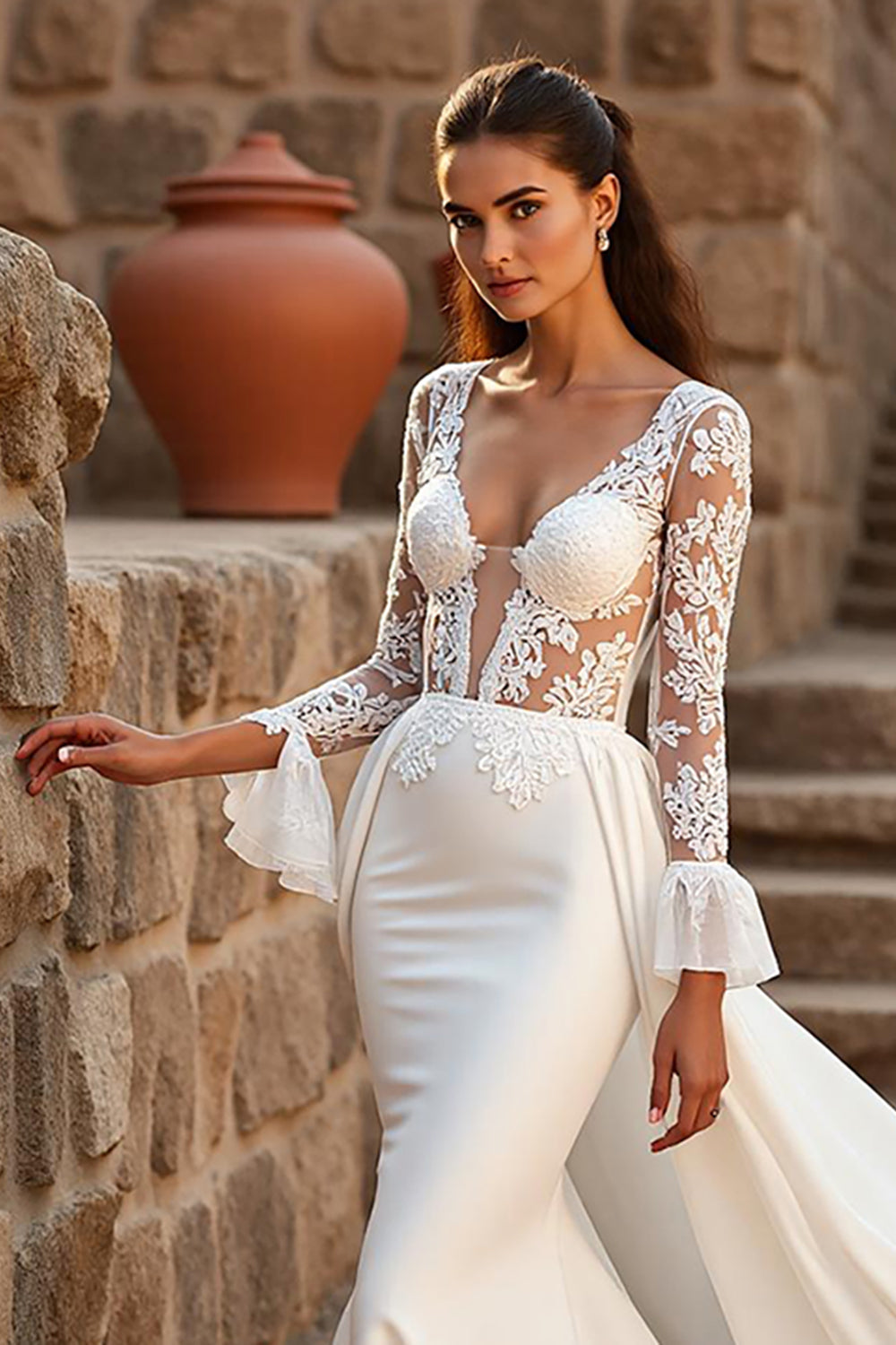 Ivory Long Sleeves Mermaid Sweep Train Wedding Dress with Ruffles