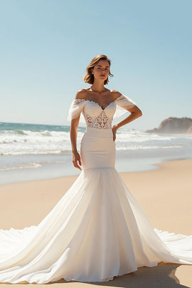Ivory Mermaid Off the Shoulder Sweep Train Wedding Dress with Lace