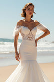 Ivory Mermaid Off the Shoulder Sweep Train Wedding Dress with Lace