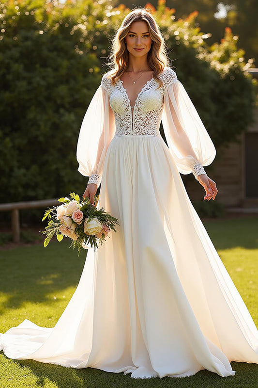 Ivory Long Sleeves V-Neck Boho Sweep Train Wedding Dress with Lace