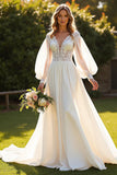 Ivory Long Sleeves V-Neck Boho Sweep Train Wedding Dress with Lace