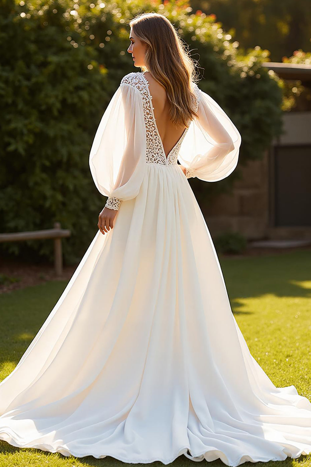 Ivory Long Sleeves V-Neck Boho Sweep Train Wedding Dress with Lace