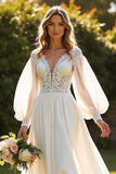 Ivory Long Sleeves V-Neck Boho Sweep Train Wedding Dress with Lace