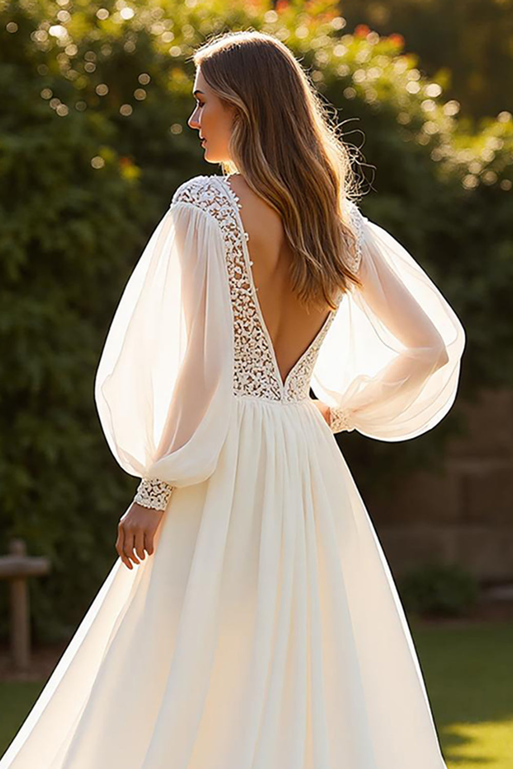 Ivory Long Sleeves V-Neck Boho Sweep Train Wedding Dress with Lace