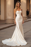 Simple Ivory Sweetheart Satin Mermaid Sweep Train Wedding Dress